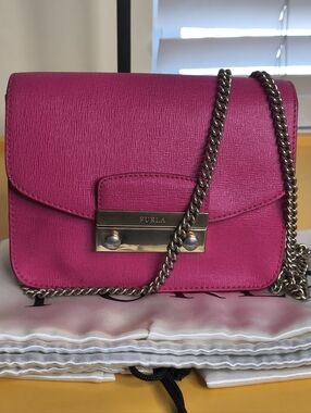 Furla Metropolis Mini Crossbody Bag Pink Saffiano Leather Chain With Dust Bag
